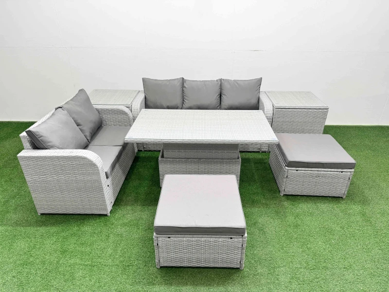 Image of Fimous 7 Seater PE Rattan Wicker Garden Furniture Patio Conservatory Sofa Set with Adjustable Lifting Dining Table 2 Big Footstool 2 Side Table