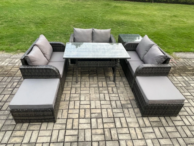 Image of Fimous Outdoor Rattan Garden Furniture Lounge Sofa Set With Oblong Rectangular Dining Table 2 Big Footstool Side Table in Dark Grey Dark Grey Unisex