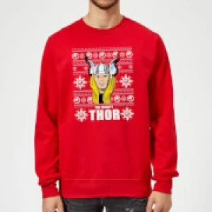 Image of Marvel Comics The Mighty Thor Face Christmas Knit Red Christmas Sweatshirt - S - Red
