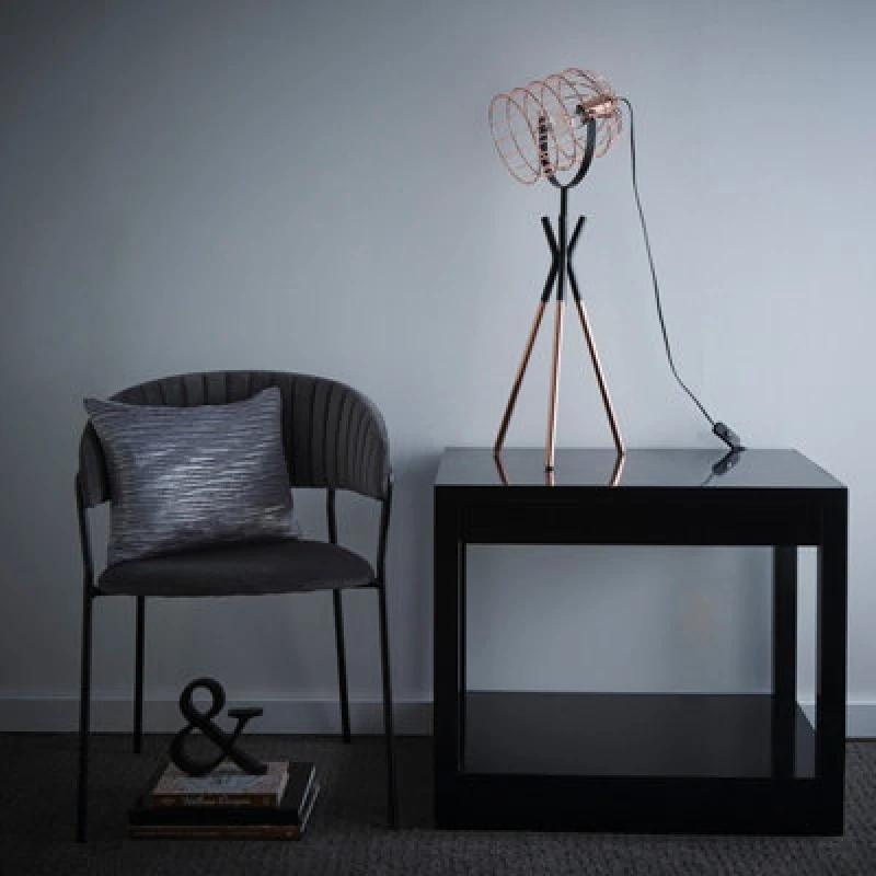 Image of K LIVING Fulton Industrial Metal Cage Tripod Copper and Black Table Lamp or Floor Lamp Copper