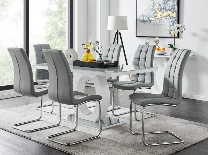 Image of FurnitureboxUK FurnitureboxUK Giovani 6-Seater Grey Glass Dining Table and 6 Murano Faux Leather Dining Chairs Grey One Size Unisex 5056542651229