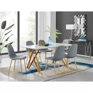 Image of Furniture Box Taranto White High Gloss Dining Table and 6 Grey Corona Gold Leg Chairs