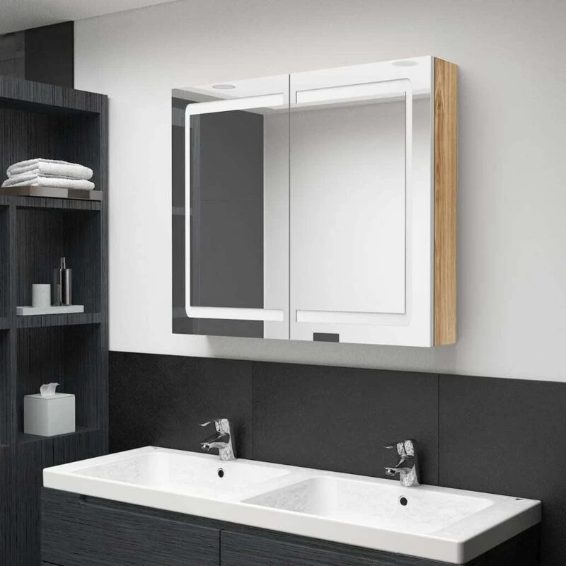 Image of VIDAXL LED Bathroom Mirror Cabinet White and Oak 80x12x68cm Vidaxl 8720286332795