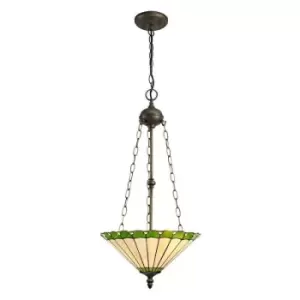 Image of 3 Light Uplighter Ceiling Pendant E27 With 40cm Tiffany Shade, Green, Crystal, Aged Antique Brass - Luminosa Lighting