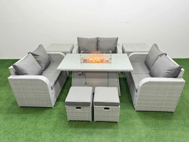 Image of Fimous 8 Seater PE Wicker Rattan Furniture Sofa Sets with Firepit Dining Table 2 Seater Love Sofa 2 Stool 2 Side Table Light Grey Light Grey
