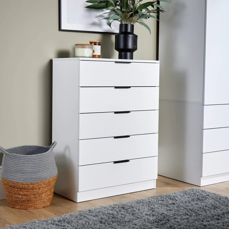 Image of Home Source Phoenix 5 Drawer Chest Bedroom Storage Unit White