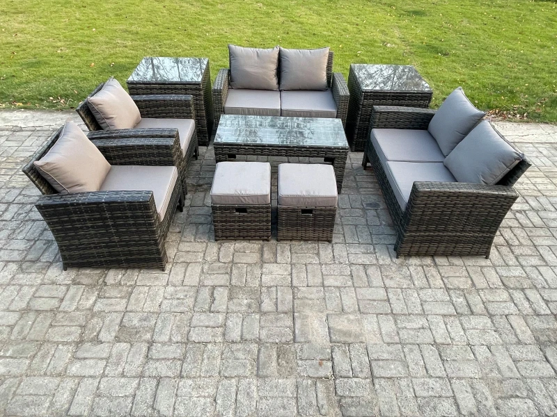 Image of Fimous 8 Seater Dark Grey Mixed High Back Rattan Sofa Set Coffee Table Garden Furniture Outdoor Patio With Love Sofa Chairs 2 Small Footstools Dark Gr