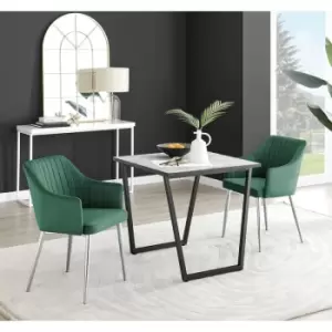 Image of Furniturebox Carson White Marble Effect Square Dining Table & 2 Green Calla Silver Leg Velvet Chairs