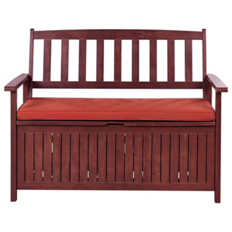 Image of Beliani Garden Bench With Cushion Sovana 120cm With Storage Acacia Wood Red 421249
