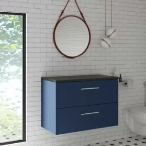 Image of Hudson Reed Juno Wall Hung 2-Drawer Vanity Unit with Sparkling Black Worktop 800mm Wide - Electric Blue