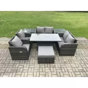 Image of Fimous 6 Seater Outdoor Dark Grey Wicker PE Rattan Garden Dining Set with Height Adjustable Table, Chairs and Big Footstool