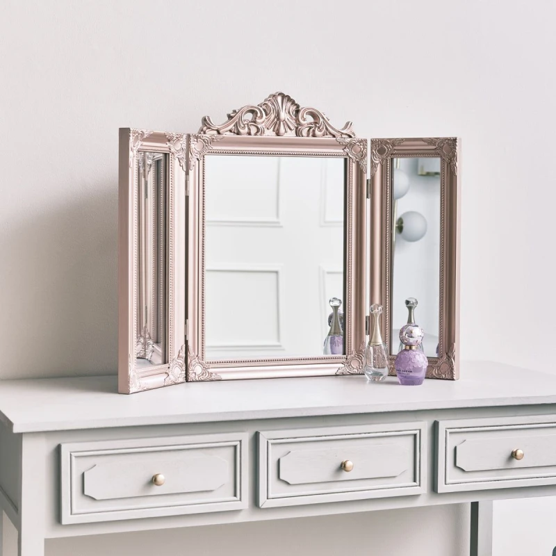 Image of Melody Maison Rose Gold Pink Ornate Dressing Table Triple Mirror Gold
