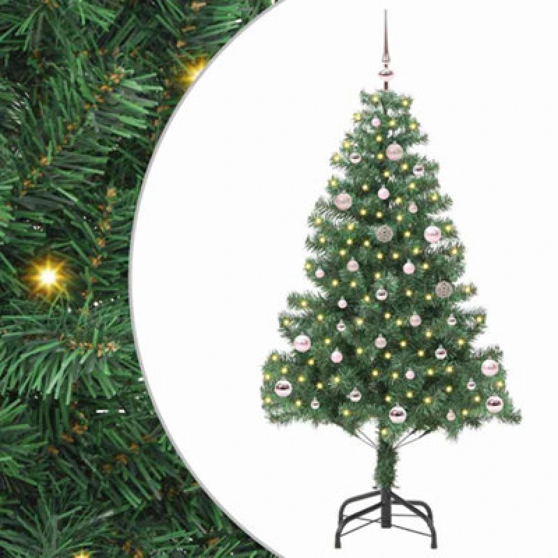 Image of vidaXL Christmas Tree with 150 LEDs, Pink Balls with Stand Green 150cm PVC, Green 3396369