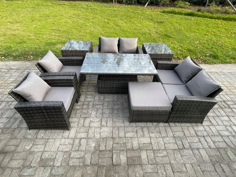 Image of Fimous Rattan Garden Furniture Sets Patio Outdoor Rising Lifting Table Sofa Set with Double Seat Sofa 2 Side Tables Big Footstool in Dark Grey Dark Gr