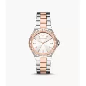 Image of Michael Kors Womens Lennox Three-Hand Two-Tone Stainless Steel Watch - Rose Gold / Silver