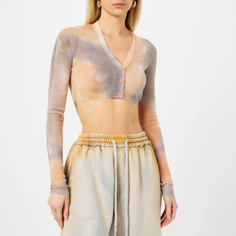 Image of Off White Womens Tie Dye Cropped Long Sleeve V-Neck Cardigan Camel/White female 8 (XS)