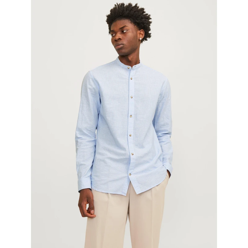 Image of Jack & Jones Cashmere Blue / White Summer Band Linen Blend Shirt Blue Male 2XL 210863UK