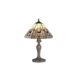 Image of 1 Light Curved Table Lamp E27 With 30cm Tiffany Shade, White, Grey, Black, Clear Crystal, Aged Antique Brass