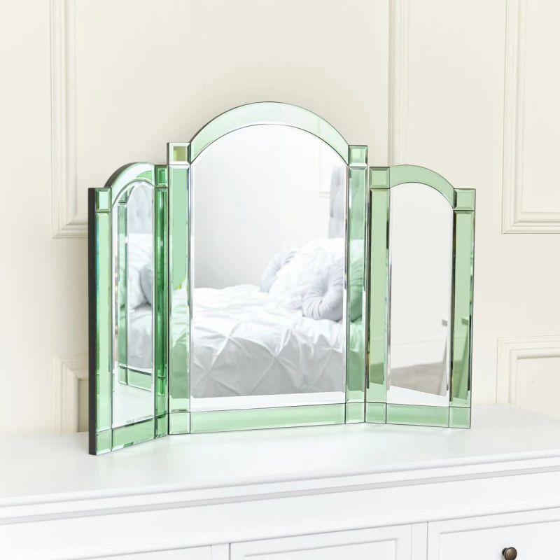 Image of Melody Maison Green Glass Art Deco Triple Mirror 74cm X 60cm Jade