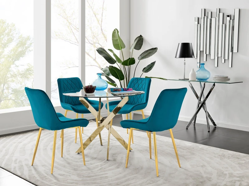Image of FurnitureboxUK FurnitureboxUK Novara 100cm Round Tempered Glass Dining Table with Gold Legs & 4 Pesaro Velvet Chairs in Blue Blue One Size Unisex 5056