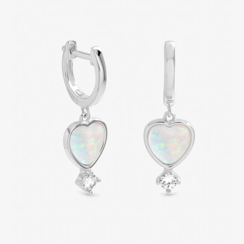 Image of Inicio Sterling Silver Plated Opal Heart Charm Earrings Silver female One Size
