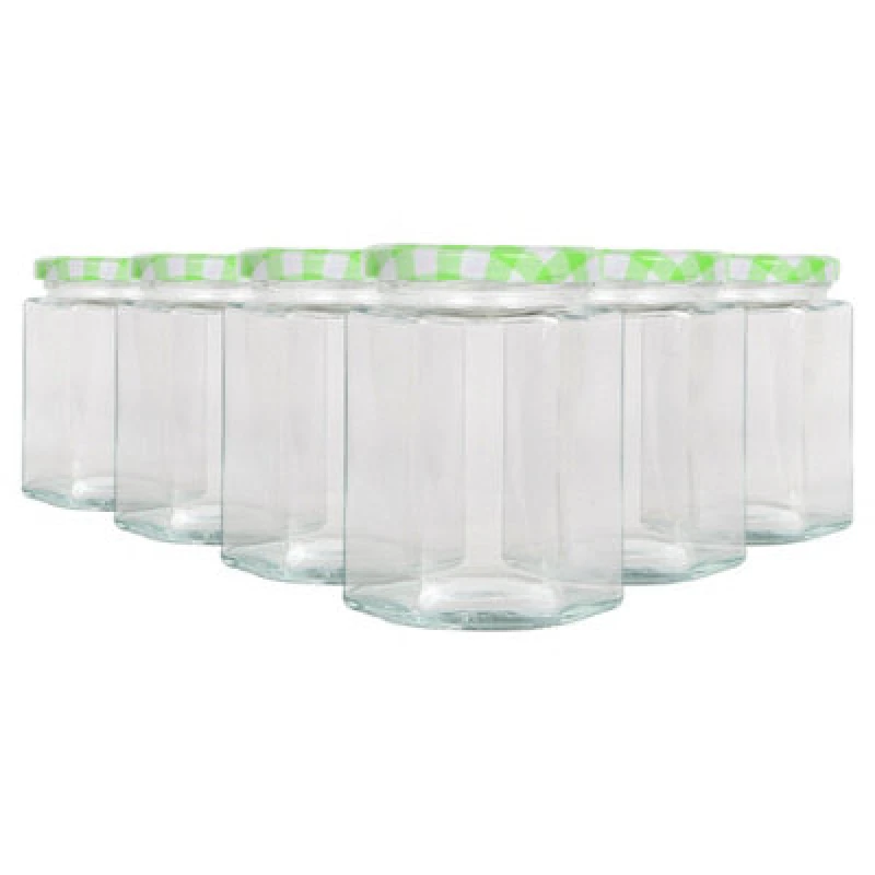 Image of Argon Tableware Hexagonal Glass Jam Jars With Green Gingham Lids - 250ml - Pack Of 6