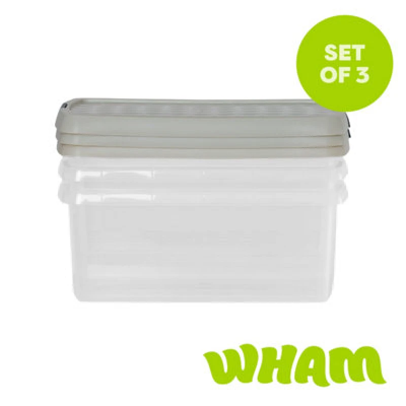 Image of Wham Clip 3X 10.5L Rectangular Plastic Storage Boxes With Clip Lock Lids. Ideal For Home, Office, Toys & More - Clear/stone
