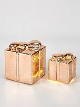 Image of Festive Set Of 2 Glass Parcel Light Up Christmas Decorations - Rose Gold