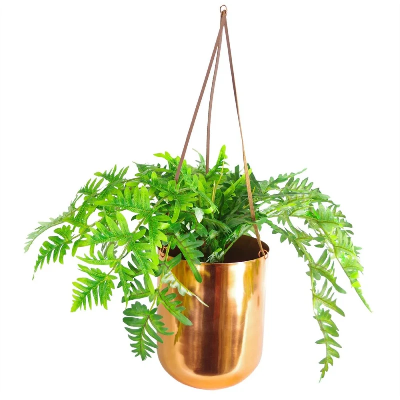 Image of Leaf 60cm Hanging Copper Planter with Artificial Evergreen Fern Plant Copper