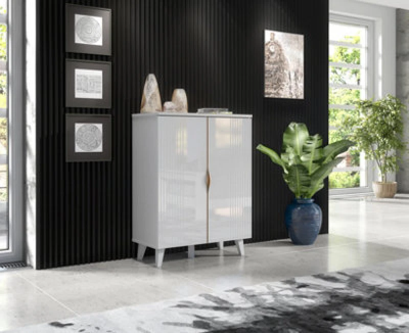 Image of Furneo White 2-Door High Gloss & Matt Sideboard Cabinet Cupboard Unit Azzurro 14 Brushed Gold Handles