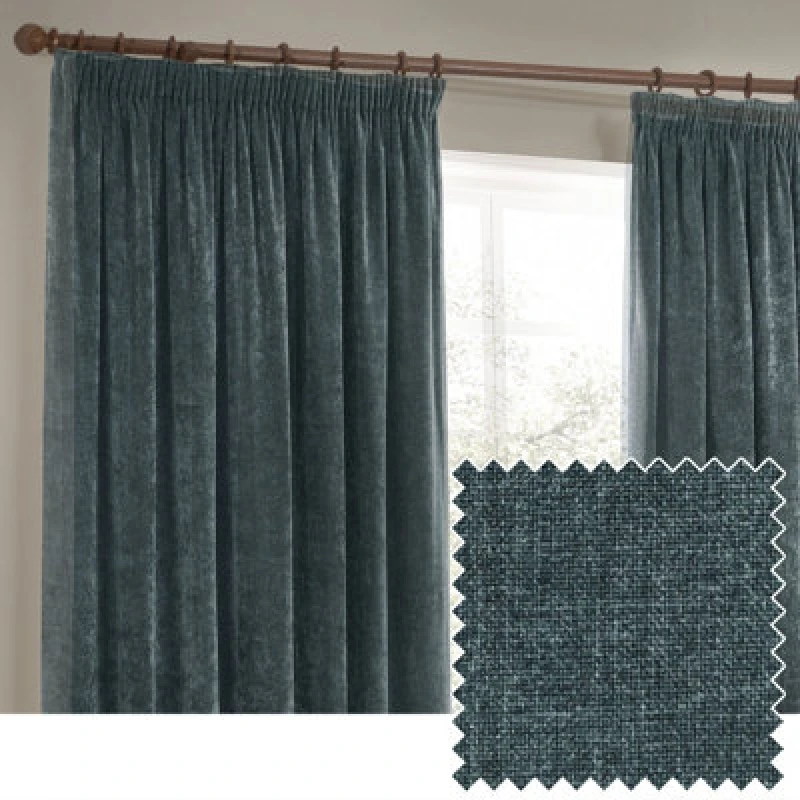 Image of Yard Heavy Chenille Velvet Ready Made Pencil Pleat Curtains Marine