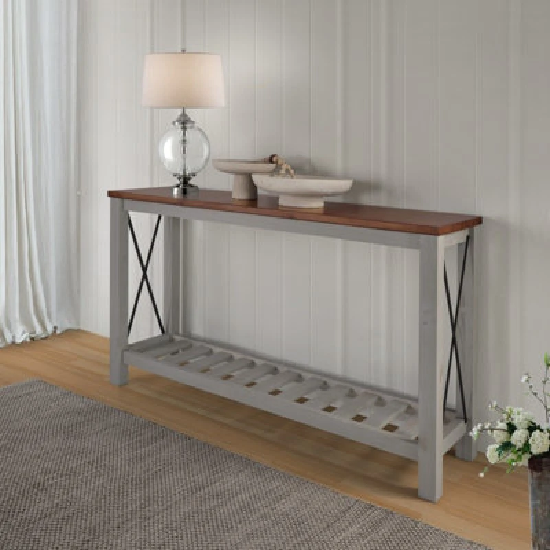 Image of Mercers Furniture Cottage Grey Painted Pine Console Table Sideboard Wooden With Storage Shelf 81H X 132W X 36D Cm