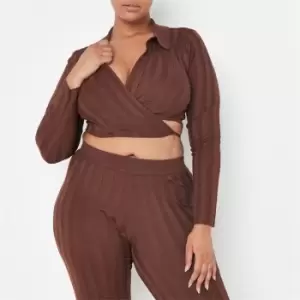 Image of Missguided Plus Size Co Ord Rib Wrap Collared Knit Crop Top - Brown