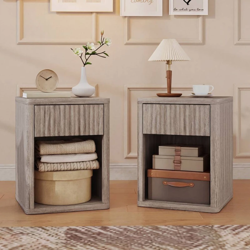 Image of HOMCOM Modern Nightstand with Drawer & Open Shelf, Set of 2, Oak in Grey Grey Unisex