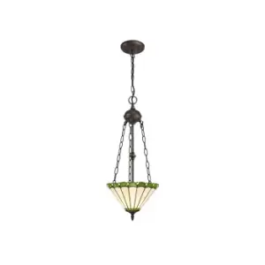 Image of 2 Light Uplighter Ceiling Pendant E27 With 30cm Tiffany Shade, Green, Crystal, Aged Antique Brass