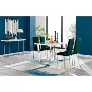 Image of Furniture Box Kylo White High Gloss Dining Table and 4 Green Velvet Milan Chairs
