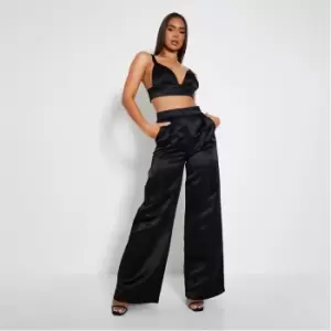 Image of I Saw It First Wide Leg Satin Trouser Coord - Black