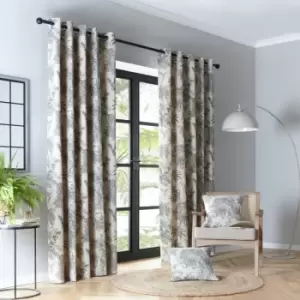 Image of Saranda Tropical Print Cotton Rich Eyelet Lined Curtains, Charcoal, 66 x 72" - Fusion
