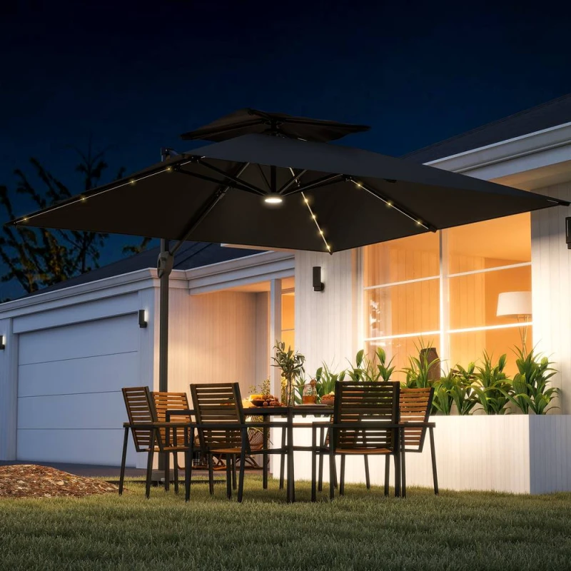 Image of Outsunny 3.5m Aluminium Cantilever Parasol w/ LED Lights Crank Tilt UV50+ Black 84D-433V00BK