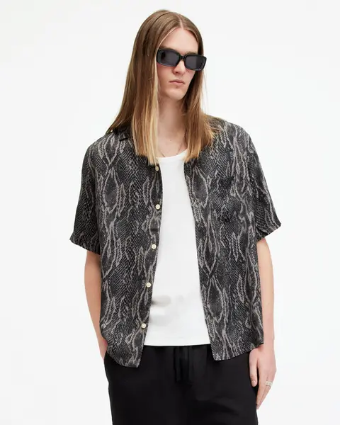 Image of AllSaints Boomslang Snake Print Relaxed Fit Shirt