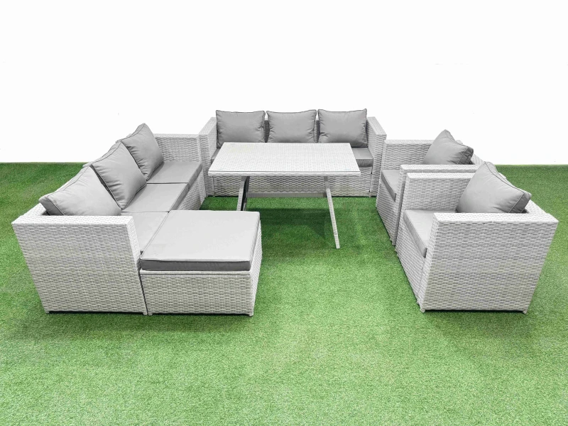 Image of Fimous 9 Seater Garden Furniture Set PE Ratten Garden Sofa Set Big Stool in Light Grey Light Grey Unisex