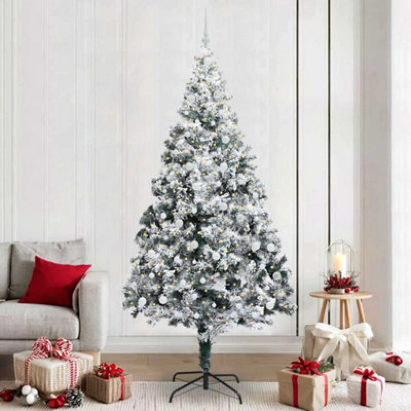 Image of vidaXL Artificial Christmas Tree with 300 LEDs, White Balls with Stand Snow Flocked Green 240 cm, Green 3396983