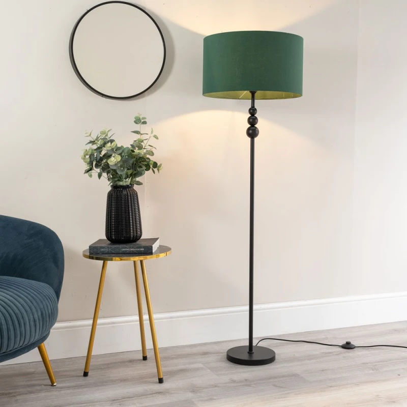 Image of ValueLights Marissa Fabric Drum Shade with Black Stacked Ball Floor Lamp and LED Bulb Bottle Green