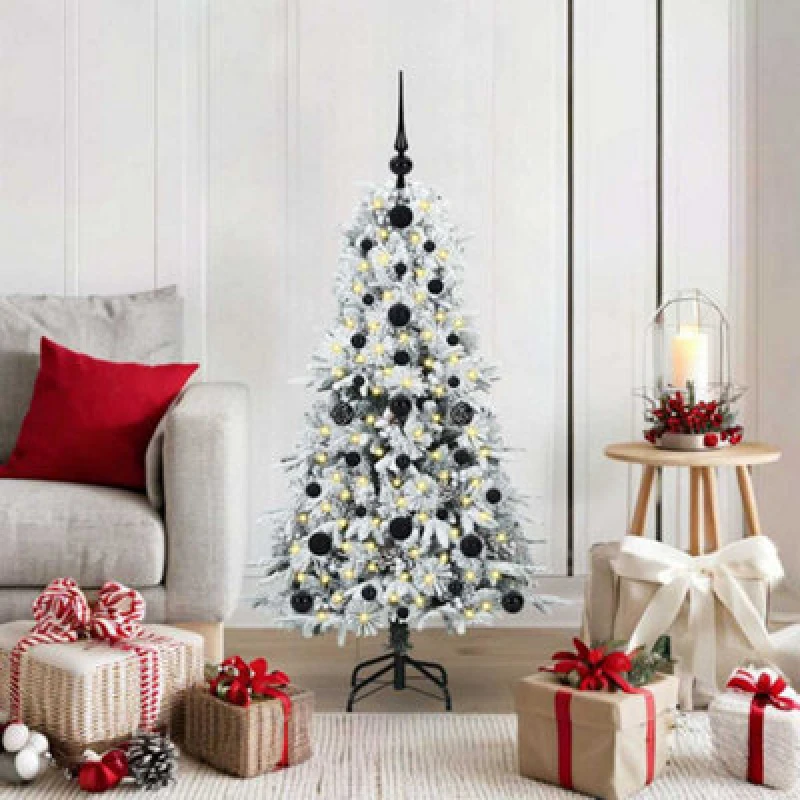 Image of vidaXL Artificial Hinged Christmas Tree with Black Balls Snow Flocked Green 120cm PE and PVC, Green 3397459