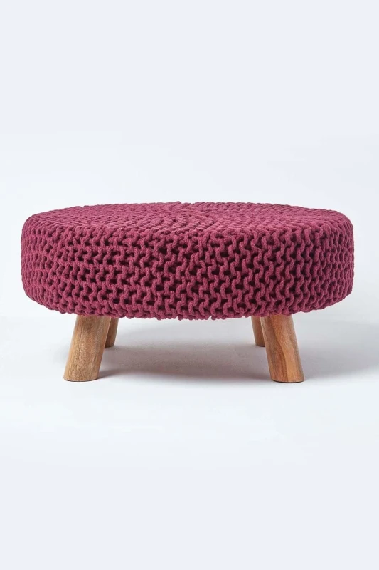 Image of Homescapes Large Round Cotton Knitted Footstool on Legs Plum