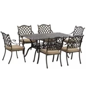 Image of Outsunny 6-Seater Patio Dining Set with Umbrella Hole, Cast Aluminum Patio Furniture Set with Six Cushioned Chairs and Rectangle Dining Table, Bronze