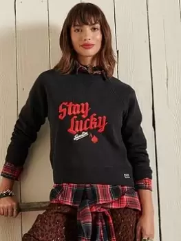 Image of Superdry Cotton Crew Sweater - Black, Size 14, Women