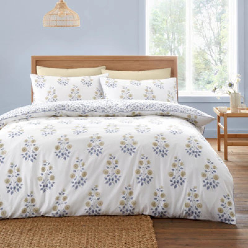 Image of Bianca Eloise Floral 230 Thread Count Cotton Reversible Duvet Cover Set With Pillowcase Blue