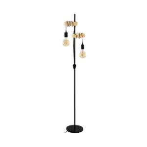 Image of Standing Floor Lamp Light Black Base & Twin Wood Hangman 2 x 10W E27 Bulb