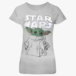 Image of Star Wars: The Mandalorian Womens/Ladies The Child Sketch Heather Fitted T-Shirt (XXL) (Heather Grey)